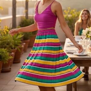 Festival Rainbow Stripe Pleated Skirt Size S w Pink Crop Top